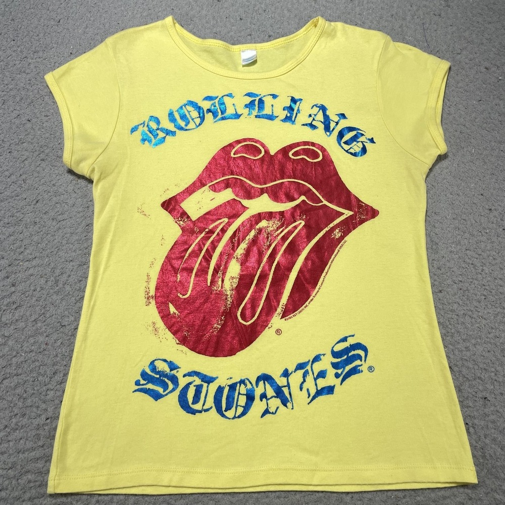 Vintage Rolling Stones Shirt Womens Large Yellow Tongue Graphic Band Tee 2000s